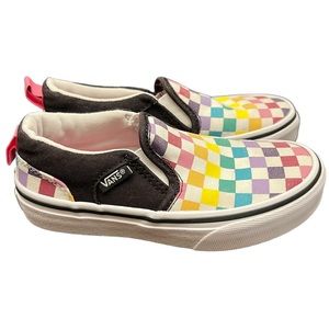 EUC Vans Checkerboard Classic Slip-ons, Rainbow, Sz 12